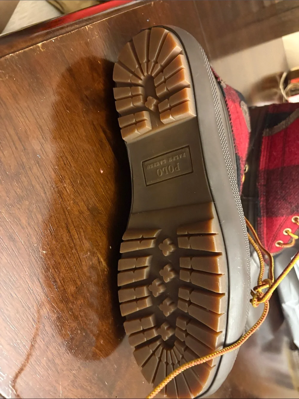 Polo by Ralph Lauren Red Plaid & Brown Rubber Duck Boots
